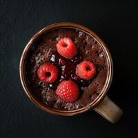 AI generated A dark chocolate raspberry cake in a mug on a dark background photo