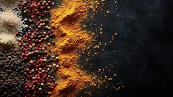 AI generated Salt, pepper and turmeric spices on dark background photo