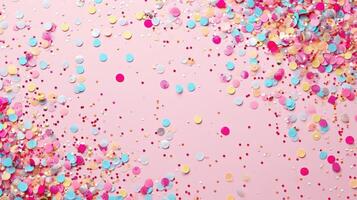 AI generated Colorful confetti and sparkling decorations scattered on a trendy pastel pink background, creating a lively and festive atmosphere. photo