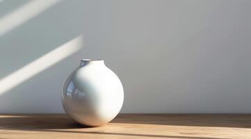 AI generated White ceramic vase on a wooden table in front of a white wall with natural sunlight photo