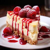 AI generated Close up of a delicious slice of raspberry cheesecake on a plate photo
