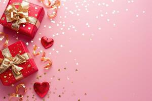 AI generated Red gifts with golden bows and lots of hearts around the gifts on a pink background photo