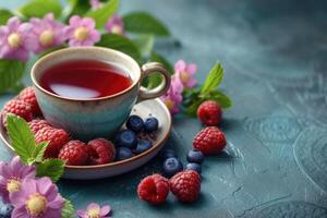 AI generated Fruit tea with raspberries, blueberries and mint on a blue background photo