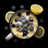 AI generated Photo of a blueberry lemon cake in a mug isolated on a black background