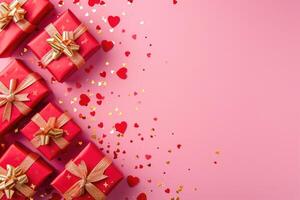 AI generated Red gifts with golden bows and lots of hearts around the gifts on a pink background photo