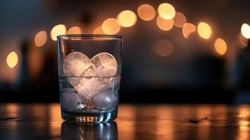 AI generated Heart shaped ice cube in a glass of water on a table in a dark room with lights in the background photo