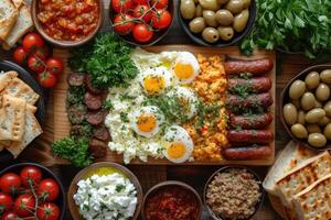 AI generated A photo from above of a Turkish breakfast with olives, tomatoes, sausages, flatbread and various dips