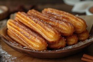 ai generado dorado churros espolvoreado con canela azúcar crujiente fuera de suave dentro foto