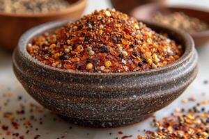 AI generated A large bowl with a mixture of hot spices on a table photo