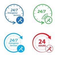 emergencia servicios 24 horas icono colocar. reloj, destornillador y llave inglesa logo. insignia, tiempo, cliente, abierto, asistencia, entrega. vector ilustración.