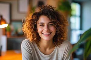 AI generated Portrait of a young smiling woman with brown curly hair photo