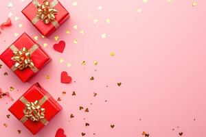 AI generated Red gifts with golden bows and lots of hearts around the gifts on a pink background photo