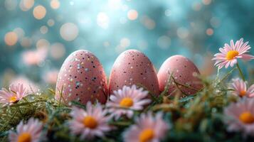 ai generado Pascua de Resurrección huevos y flores en verde césped primavera celebracion concepto foto