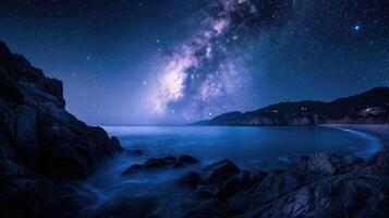 AI generated Milky Way galaxy over the ocean with rocky coastline in the foreground photo