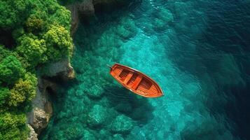 AI generated A wooden boat floats in the sea near the coast photo