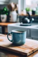 AI generated A blue coffee mug on a wooden board in the kitchen photo