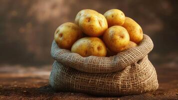 AI generated Ripe potatoes in a burlap bag with bright colors photo