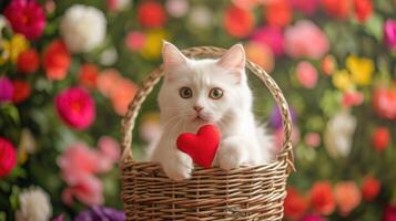 ai generado linda blanco gato participación un rojo corazón en un mimbre cesta en un antecedentes de flores foto