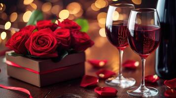 ai generado dos lentes de vino con Rosa pétalos en contra un bokeh antecedentes romántico San Valentín día foto