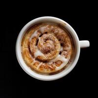 AI generated A cinnamon roll in a white mug isolated on a black background photo