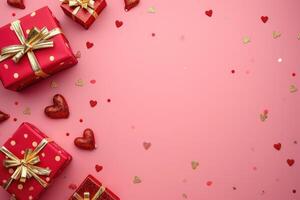 ai generado rojo regalos con dorado arcos y un montón de corazones alrededor el regalos en un rosado antecedentes foto