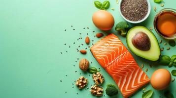 AI generated Salmon, avocado, egg, nuts, seeds, basil, broccoli on a light green background keto diet concept photo