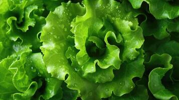 AI generated Close up of fresh and vibrant lettuce leaves with water droplets photo