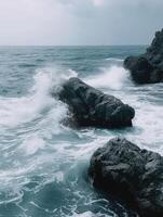 ai generado Oceano olas rotura en varios rocas en el costa foto
