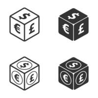 Cube and money symbols. Dollar, euro, and pound icons on 3d cube. Vector illustration.