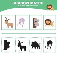 Cut the image in each box and glue it on each shadow. Find the correct shadow. Cut and paste activity for children vector