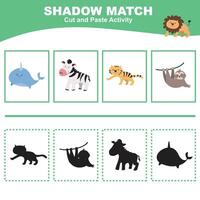 Cut the image in each box and glue it on each shadow. Find the correct shadow. Cut and paste activity for children vector