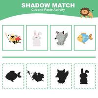 Cut the image in each box and glue it on each shadow. Find the correct shadow. Cut and paste activity for children vector