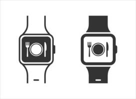 Smartwatch with dinner icon on a screen. Plate with fork and knife. Flat vector illustration.