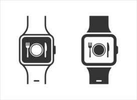 Smartwatch with dinner icon on a screen. Plate with fork and knife. Flat vector illustration.