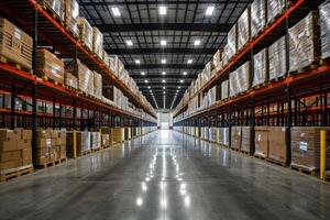AI generated Storage and logistics in a warehouse with many shelves and pallets photo