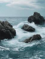 ai generado Oceano olas rotura en varios rocas en el costa foto