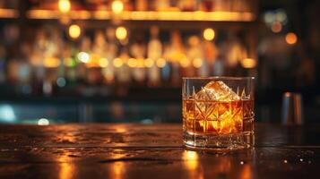 ai generado vaso de whisky con hielo cubitos en un bar mostrador con borroso antecedentes foto