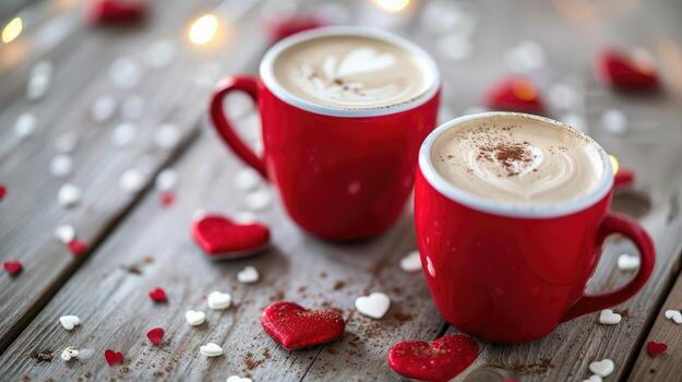 AI generated Two red cups on a wooden table with red and white hearts around them photo