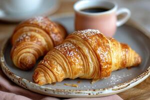 AI generated Fresh delicate croissants with coffee on a plate in the morning photo