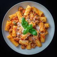 AI generated Tomato basil sausage rigatoni on a white plate with a black background photo