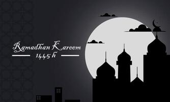 Ramadan Kareem Greeting card. Silhouette of mosque on dark background. vector