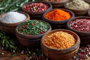AI generated Colorful collection of different spices and herbs in wooden bowls on a table photo