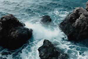 AI generated Ocean waves breaking on several rocks on the coast photo