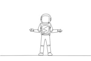 Continuous one line drawing young astronaut standing straight with open arms. Lonely and sadness astronaut lamenting undeveloped business. Unhappy manager. Single line draw design vector illustration