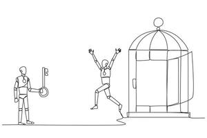 Single one line drawing smart robot who was free by colleague from the trap of a cage. Teamwork metaphor. Growing business together. Great relationship. Continuous line design graphic illustration vector