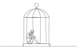 Single continuous line drawing smart robotic trapped in the cage sitting covering face. Feel utterly defeated. Trapped in a dirty business. Mentally tired. Lost. One line design vector illustration