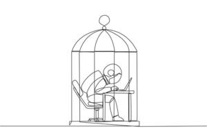 Single continuous line drawing astronaut trapped in the cage working on laptop computer. Plan to take annual leave to get away from routine. Workaholic. Overtime. One line design vector illustration