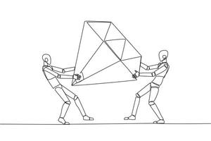 Continuous one line drawing two selfish robot fighting over the big diamond. Fight over diamond mines that make profit boost for robotic. Conflict. AI tech. Single line draw design vector illustration