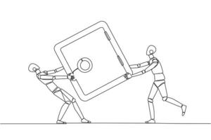 Single continuous line drawing two robot fighting over safe deposit box. Fight for a safe place to store important data. Robot conflict. Competition. AI technology. One line design vector illustration