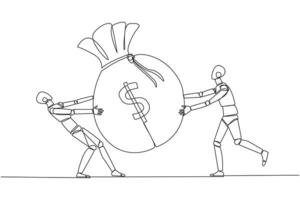 Single one line drawing two angry robot fighting over the big money bag. Fighting for additional capital after several shares were released to the public. Continuous line design graphic illustration vector